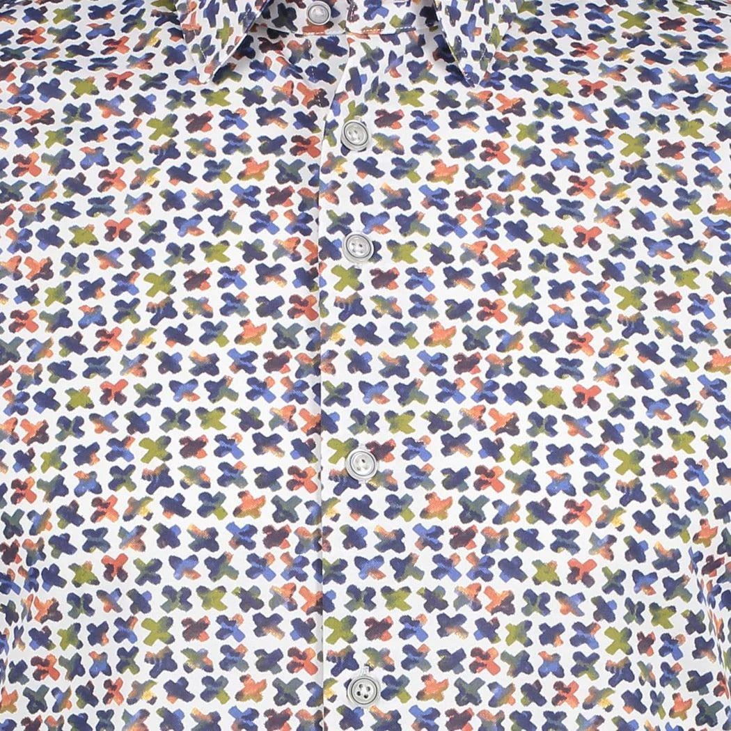 Brand Partner,R2 Amsterdam, R2 Amsterdam White With Criss Cross Print Knitted Pique Short Sleeve Button Up Shirt, White, Medium-42-Tag40