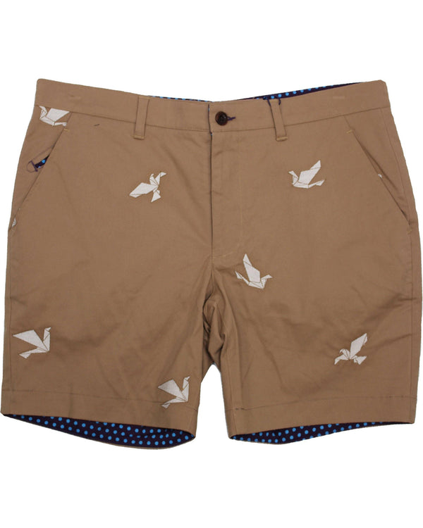 Lords of Harlech Khaki Embroidered Origami Birds Edward 7" Shorts with Butter Fabric in Peached Stretch Twill