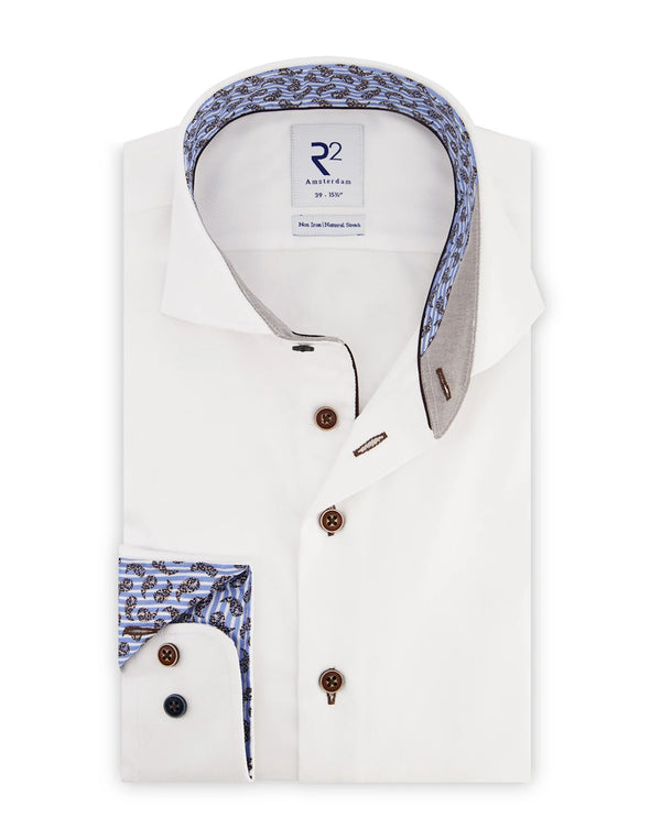 R2 Amsterdam White Long Sleeve Button Up Shirt with Paisley Collar Contrast