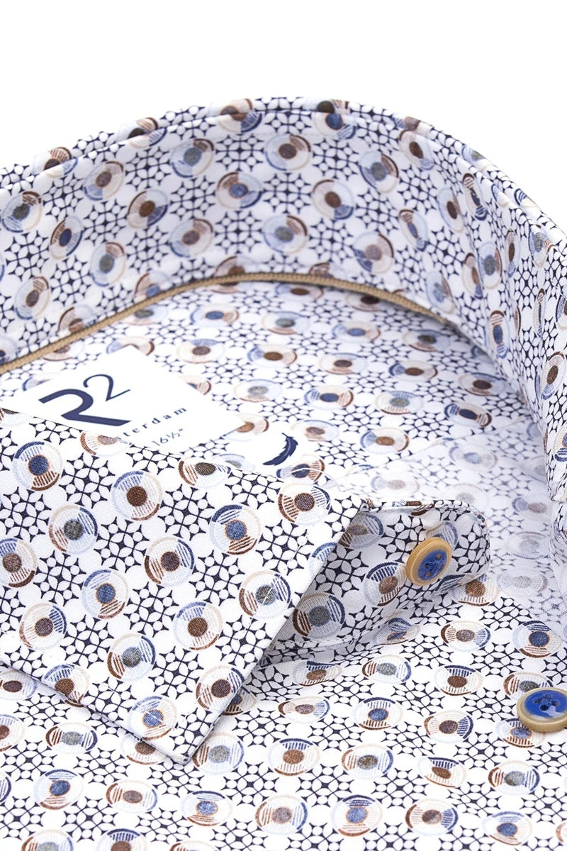 Direct From Brand,R2 Amsterdam, R2 Amsterdam Navy/Beige/White Multi Geo Print Poplin Shirt, Blue, Extra Large-48-Tag43