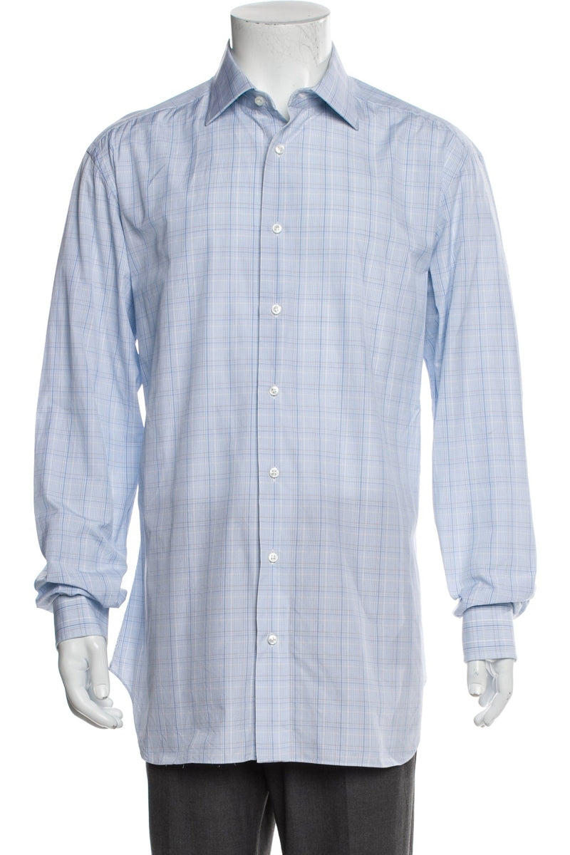 RealReal,Brioni, Brioni Blue/White Plaid Print Long Sleeve Dress Shirt, Blue, Large-48-TagL