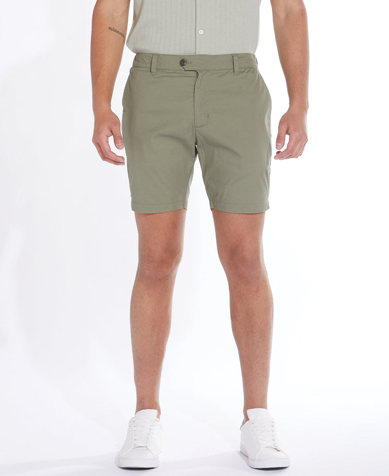 Civil Society Light Olive Stretch Jacquard Microstripe Tailored 7" Shorts With Half Elastic Waistband