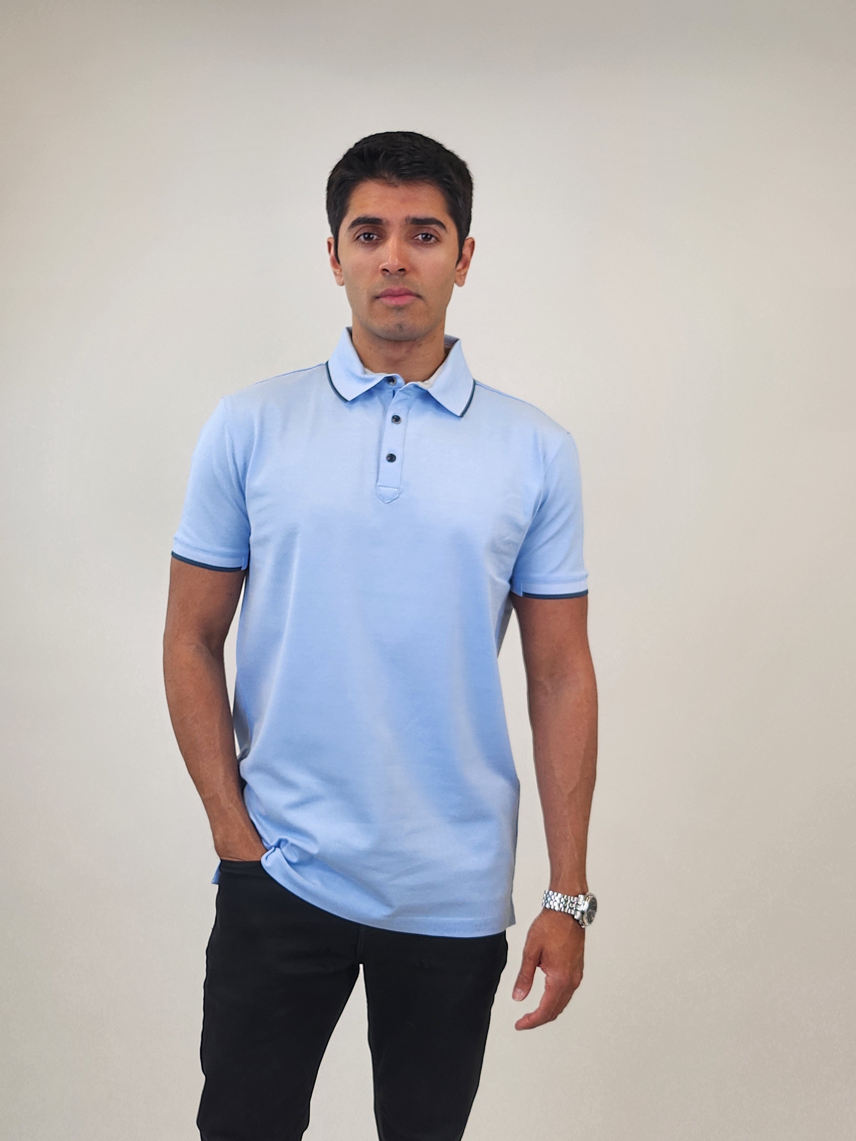 Brand Partner,R2 Amsterdam, R2 Amsterdam Blue Solid Polo with Navy Contrast, Blue, Large-42-TagL