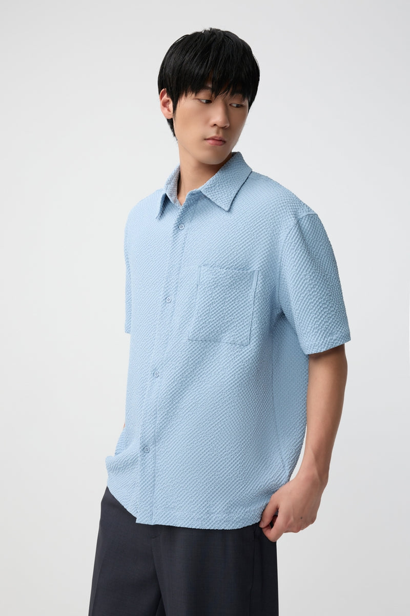 Direct From Brand,FYNE, FYNE Blue Seersucker Stretch Moisture Absorption Shirt, Blue, Medium-46-TagMLarge-48-TagLExtra Large-50-TagXL