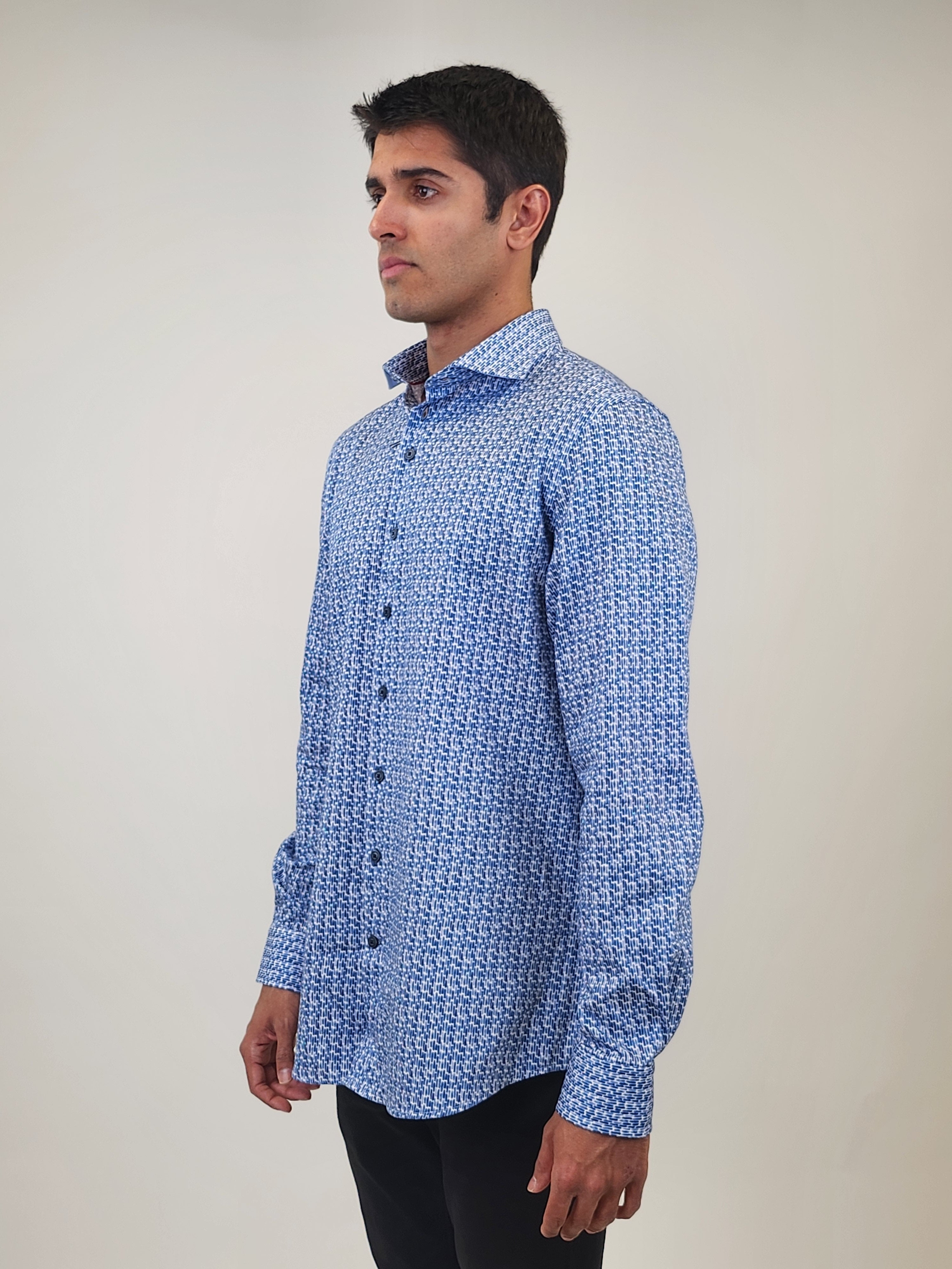 Brand Partner,R2 Amsterdam, R2 Amsterdam Blue Brick Print Cotton Long Sleeve Shirt, Blue, Large-46-Tag42