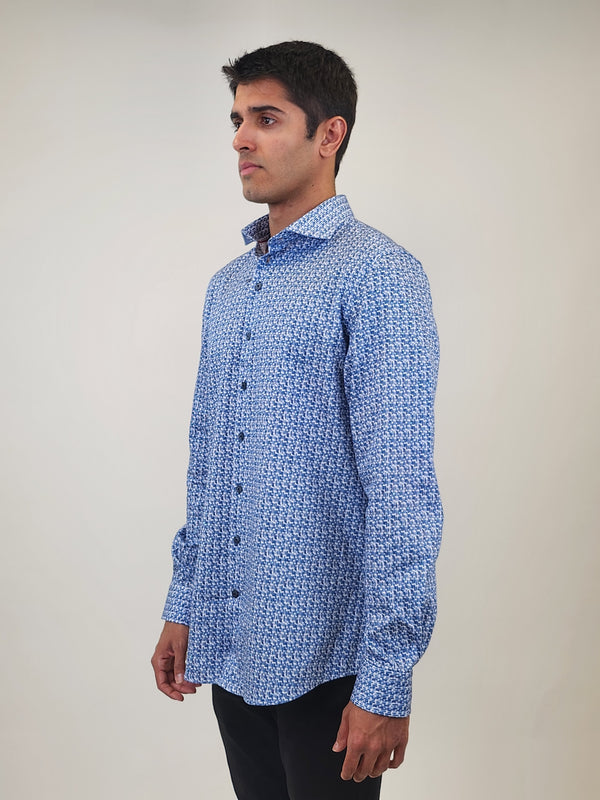 R2 Amsterdam Blue Brick Print Cotton Long Sleeve Shirt