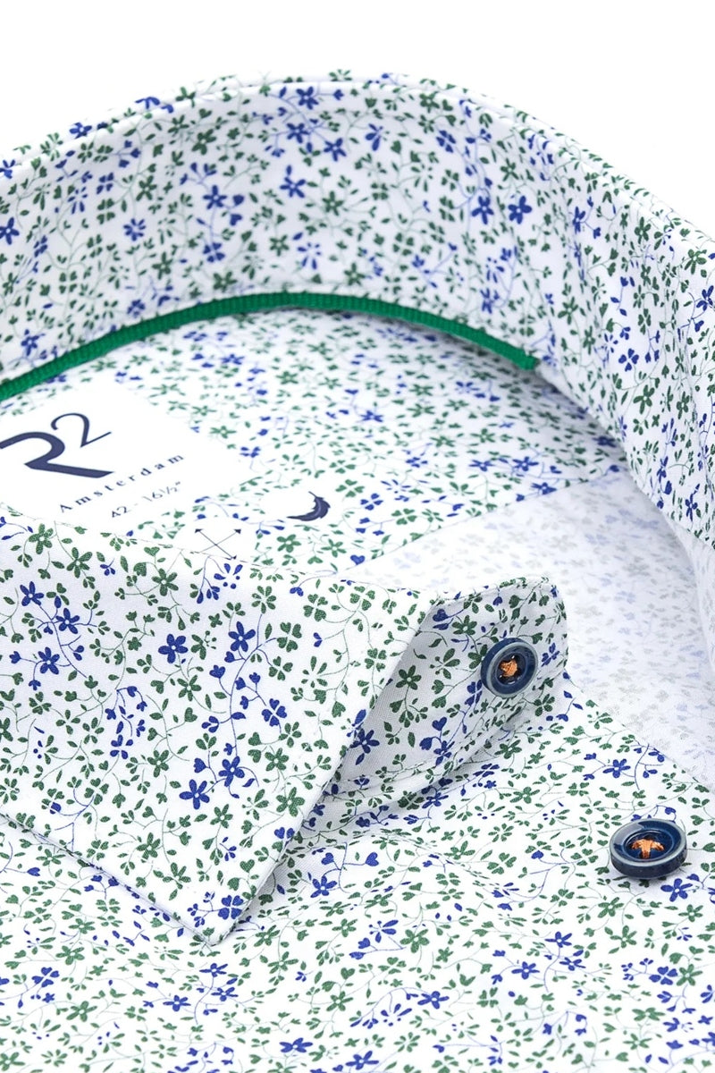 Direct From Brand,R2 Amsterdam, R2 Amsterdam Green/Blue Floral Print Poplin Shirt, Green, Large-46-Tag42Extra Large-50-Tag44Extra Large-48-Tag43