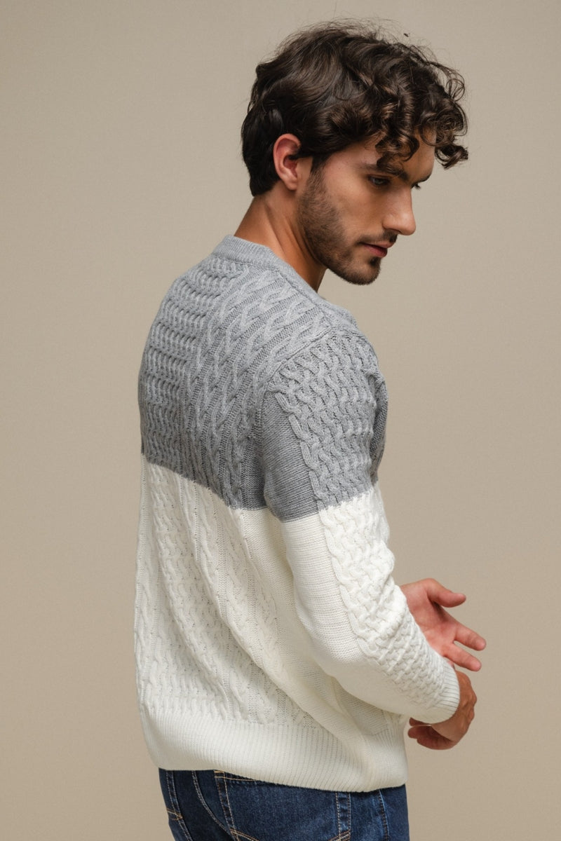 Faire,SMF, SMF Grey/White Colorblock Jacquard Knit Sweater, Grey, Medium-42-TagM