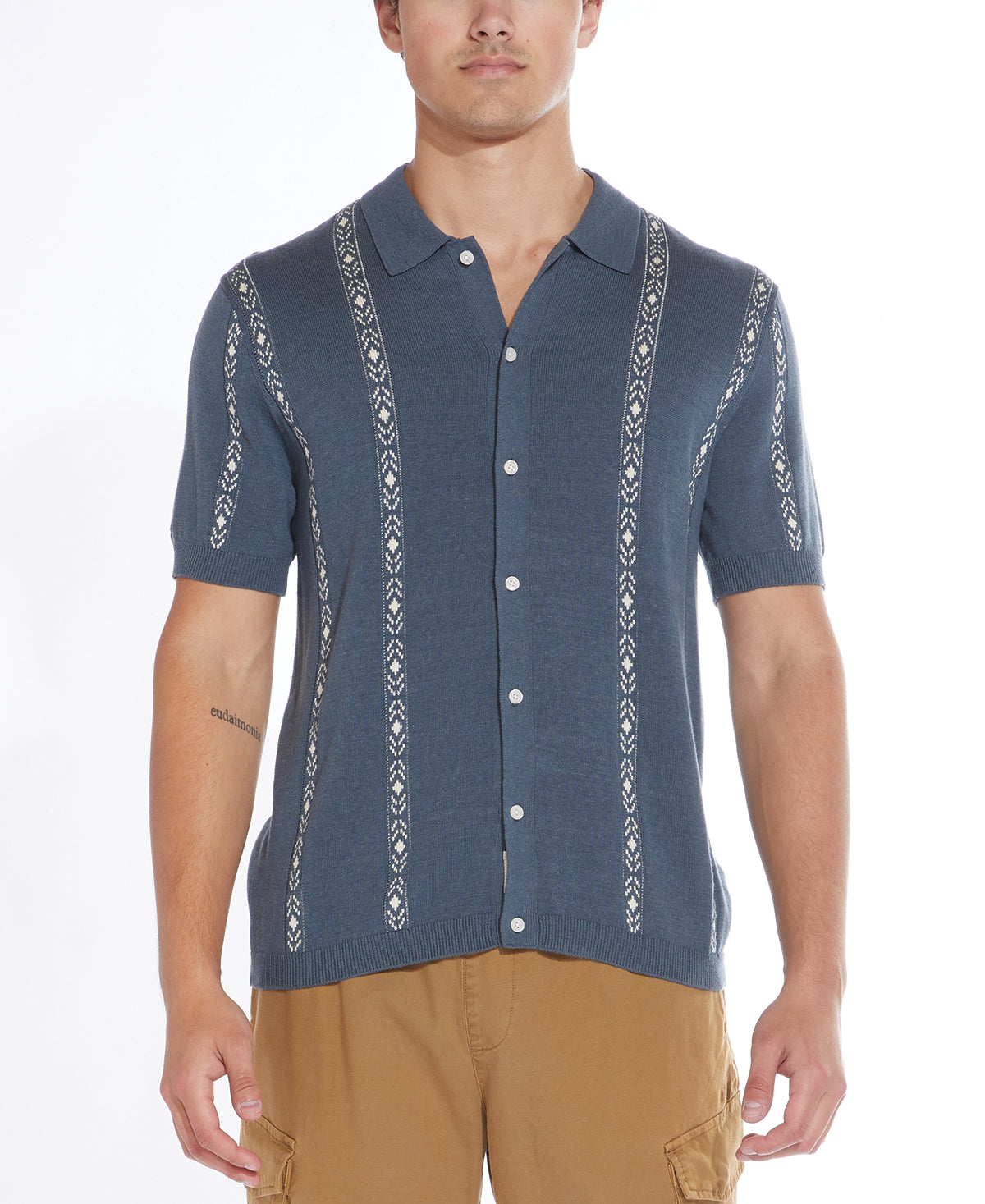 Wholesale,Civil Society, Civil Society Dark Slate Striped Jacquard Sweater Knit Short Sleeve Shirt, Blue, Large-42-TagL