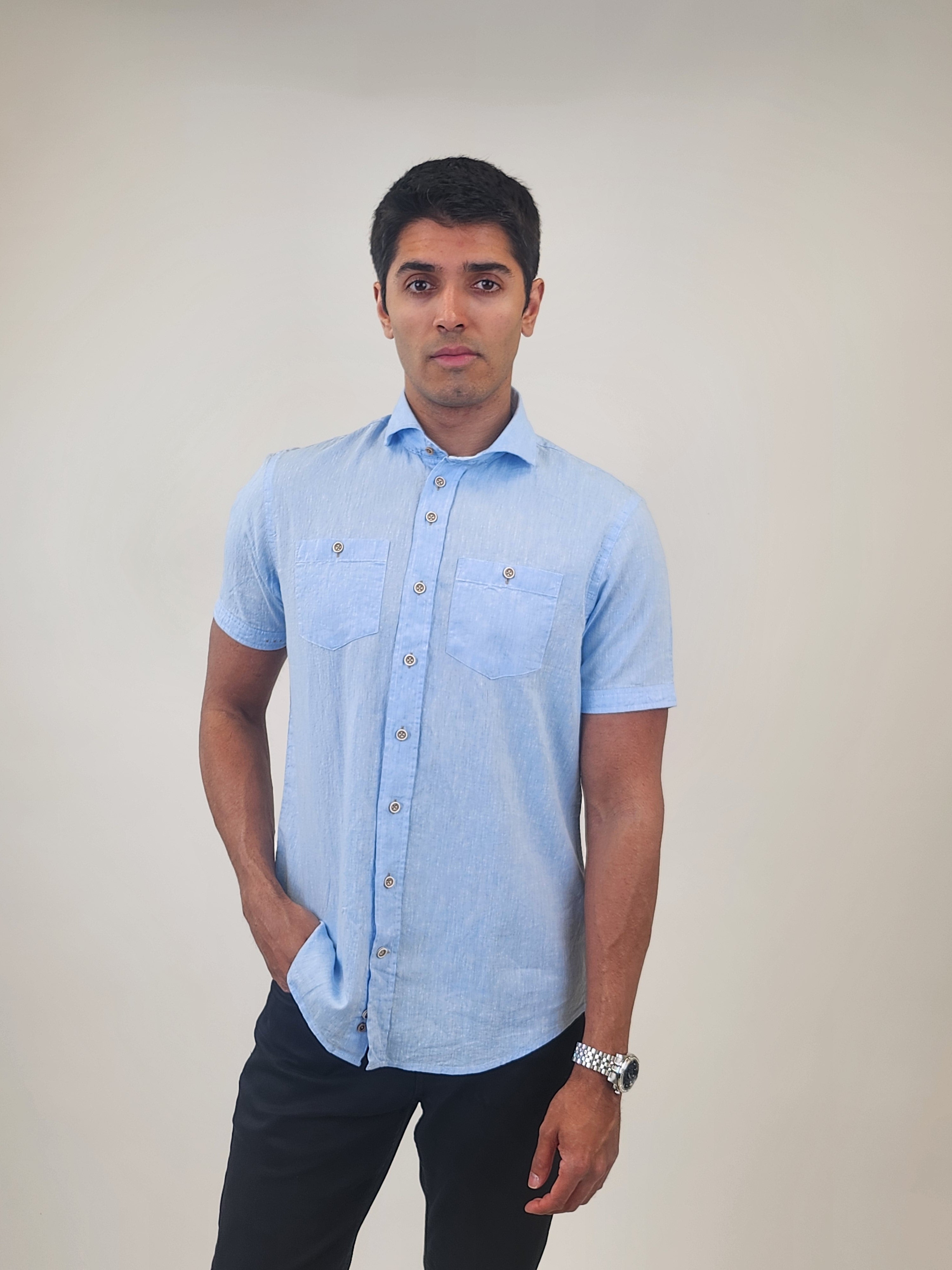 Brand Partner,R2 Amsterdam, R2 Amsterdam Light Blue Short Sleeve Linen/Cotton Blend Shirt, Blue, Medium-42-Tag40