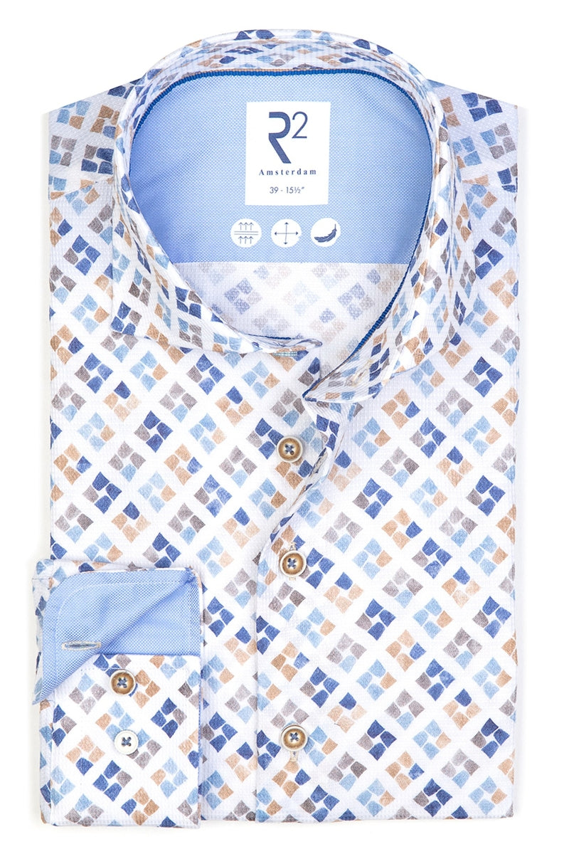 Direct From Brand,R2 Amsterdam, R2 Amsterdam White Cup Print Long Sleeve Button Up Shirt, White, Large-46-Tag42