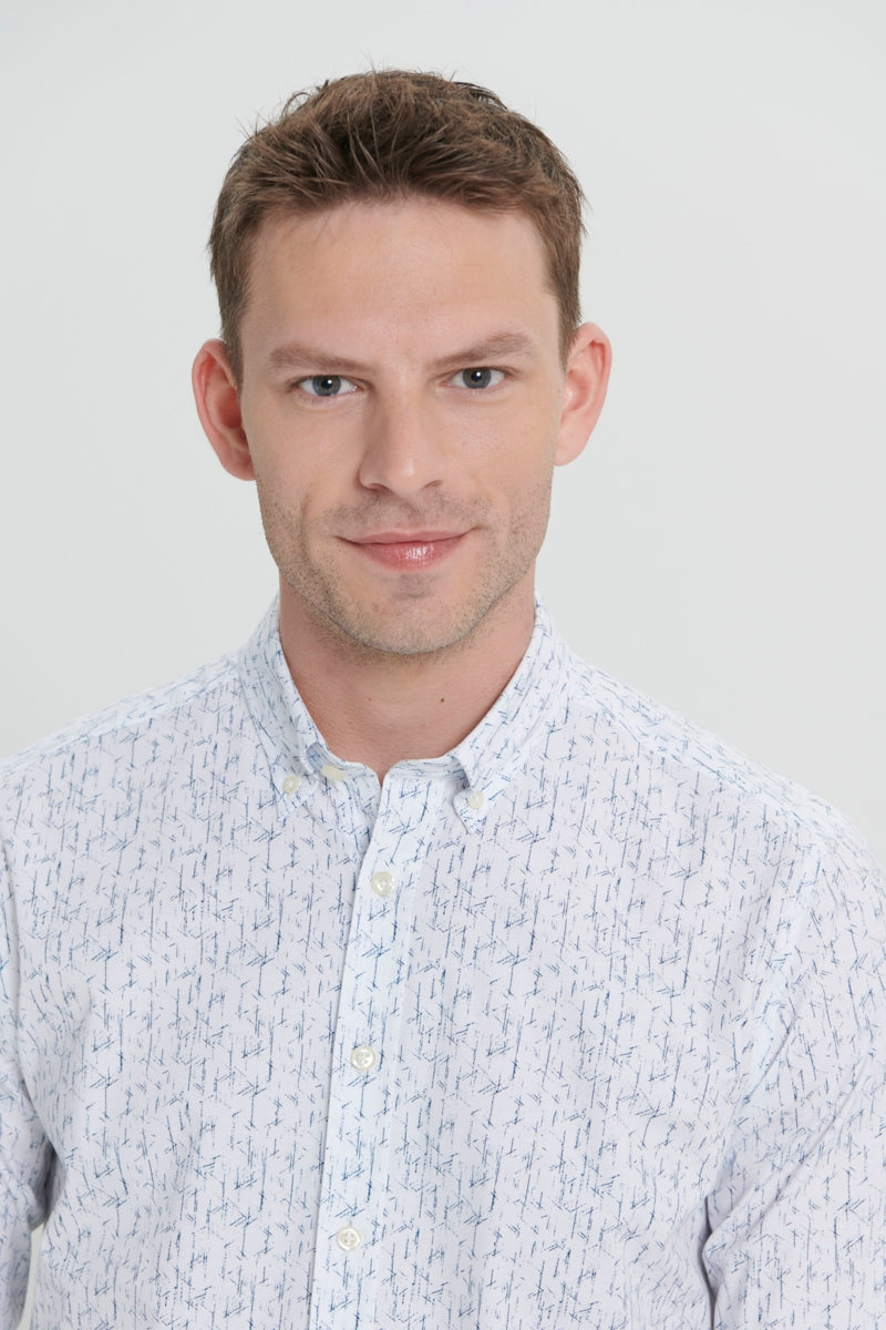 Wholesale,Altinyildiz Classics, Altinyildiz Classics White/Navy Printed Dobby Slim Fit Shirt, White, Small-38-TagS