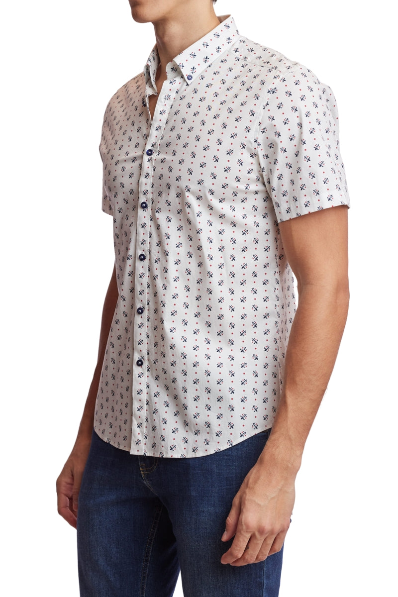 Wholesale,Paisley & Gray, Paisley & Gray White Fleur De Lis Print Short Sleeve Shirt, White, Medium-43-TagL