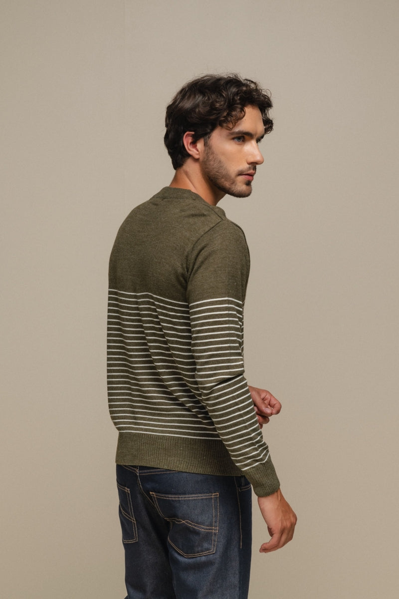 Faire,SMF, SMF Olive Striped Knit Sweater with Shoulder Button Detail, Green, Small-40-TagMMedium-42-TagLLarge-44-TagXLExtra Large-46-TagXXL