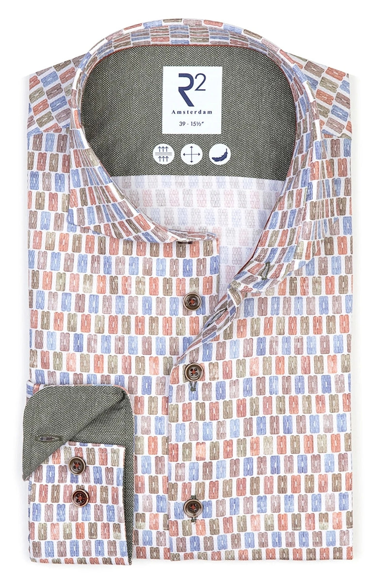 Direct From Brand,R2 Amsterdam, R2 Amsterdam White Multi Suitcase Print Dobby Shirt, White, Large-46-Tag42