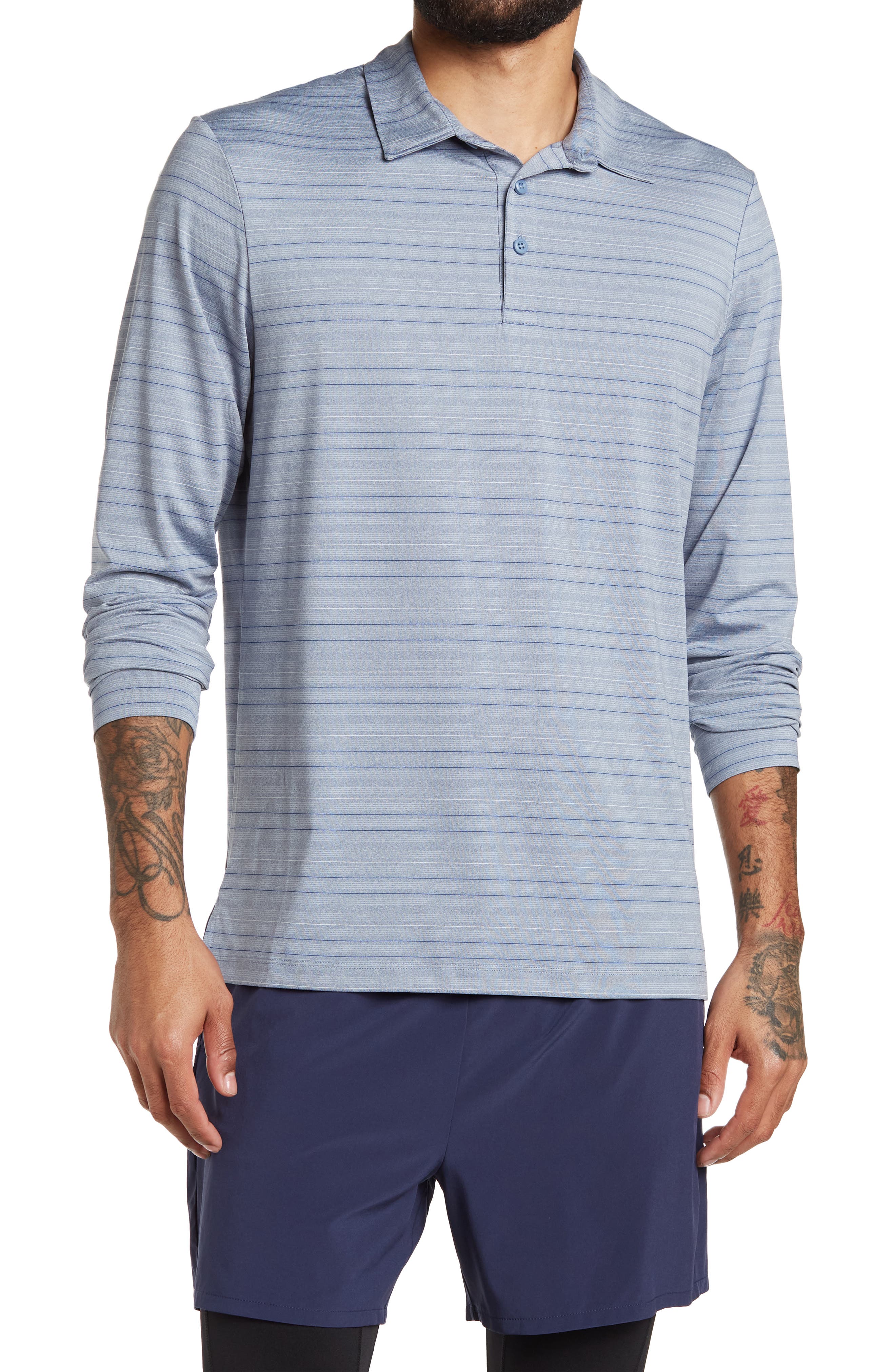 Nordstorm Rack,Z by Zella, Z by Zella Blue Stripe Print Performance Long Sleeve Polo, Blue, Small-40-TagSMedium-42-TagMLarge-44-TagL