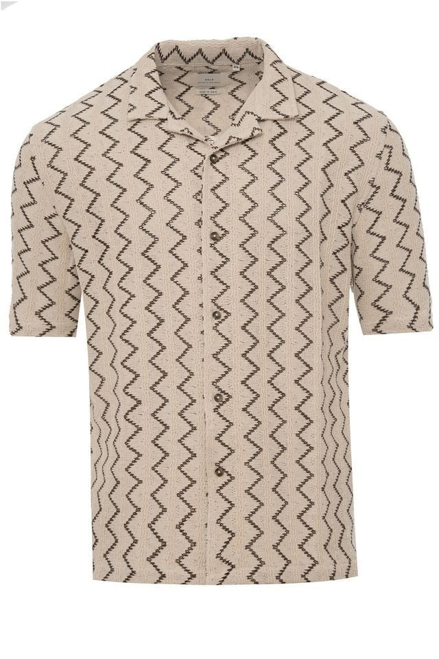 Wholesale,NOLS, NOLS Beige with Black Zigzag Stripe Textured Weave Shirt, Tan, Large-48-TagL