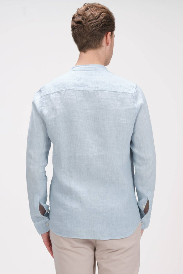 RNT 23 Light Blue Linen Collarless Long Sleeve Button Up