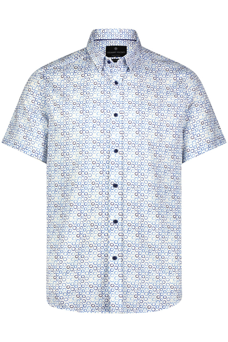 Wholesale,Luchiano Visconti, Luchiano Visconti White with Navy Circle Print Shirt, White, Small-41-TagSMedium-44-TagMLarge-47-TagLExtra Large-51-TagXLExtra Extra Large-54-TagXXL