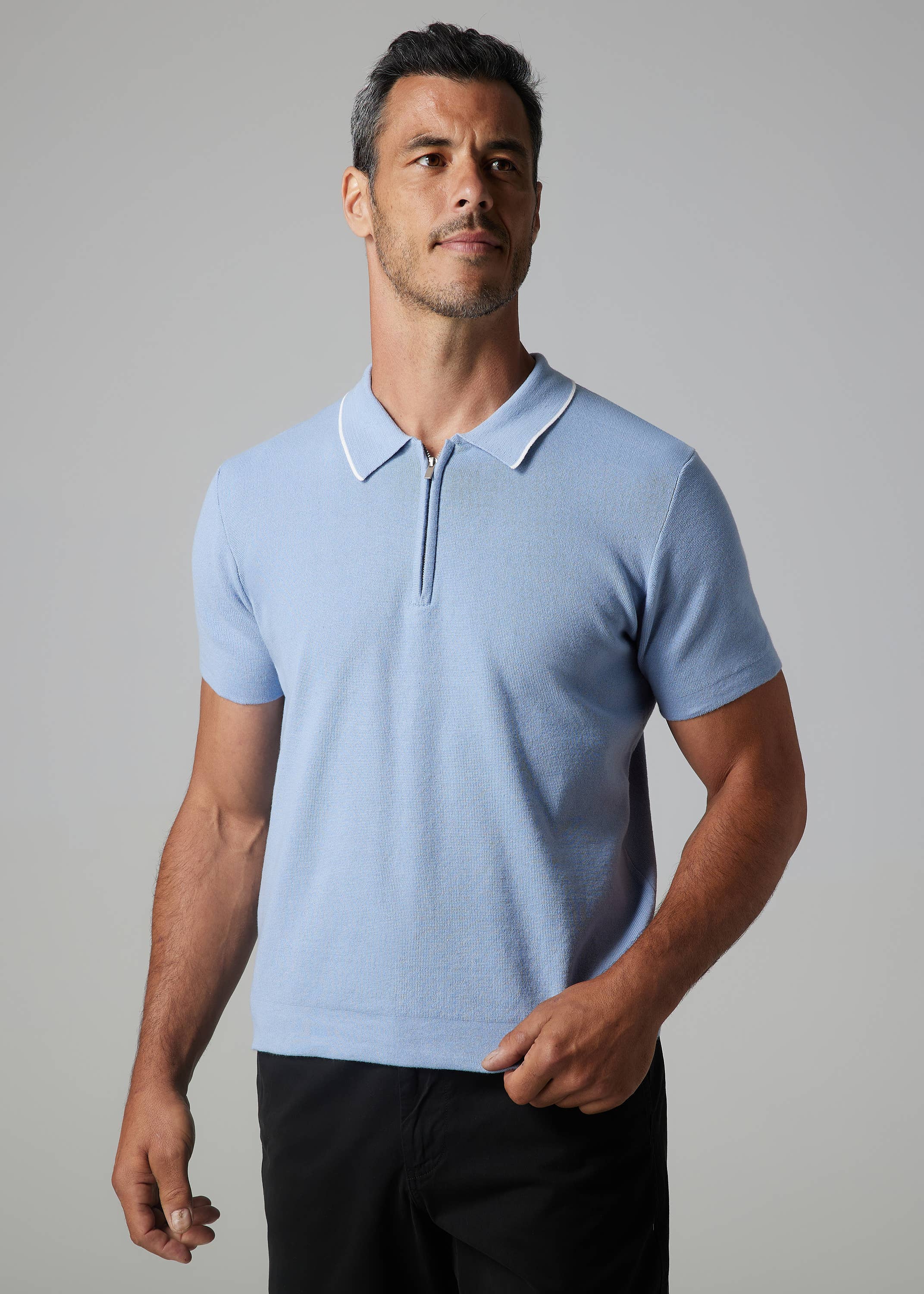 Faire,Julian & Mark, Julian & Mark Light Blue Zip Collar Short Sleeve Knit Polo, Blue, Extra Large-46-TagXLExtra Large-49-TagXLLarge-46-TagLMedium-41-TagMMedium-42-TagMExtra Large-48-TagXL