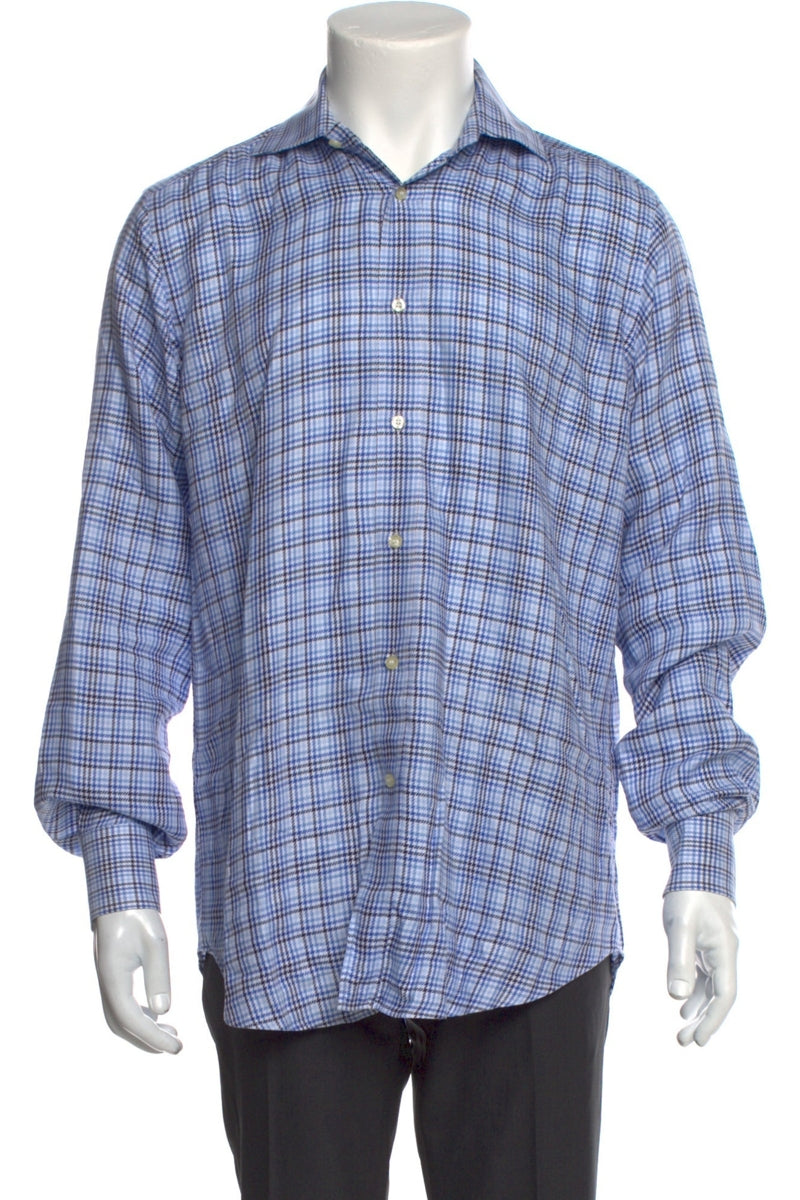 RealReal,Etro, Etro Blue/Black Plaid Print Long Sleeve Dress Shirt, Blue, Medium-42-Tag39