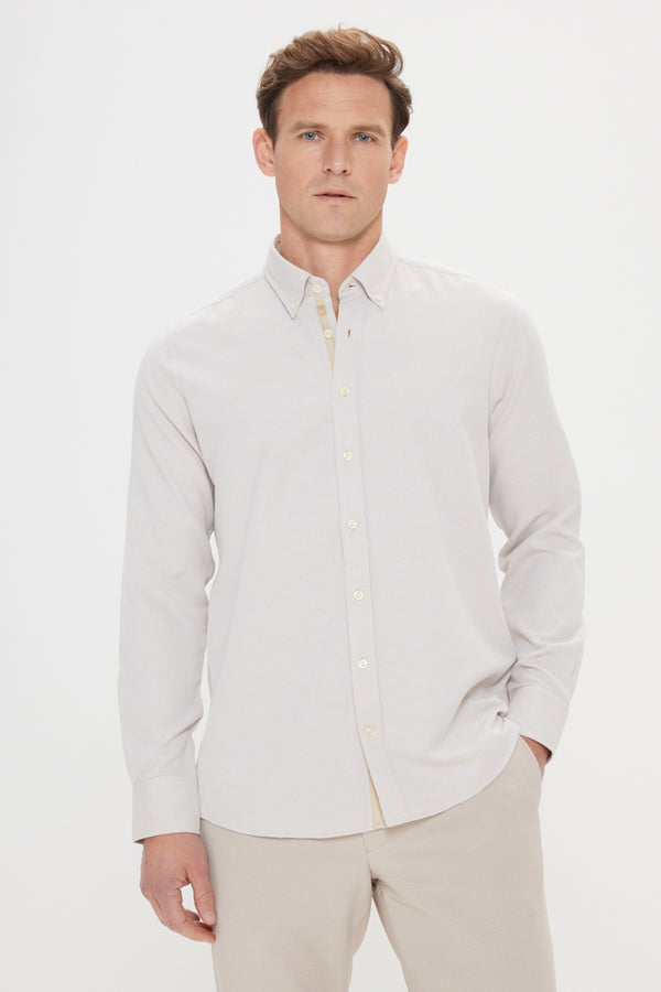Altinyildiz Classics Beige Textured Dobby Slim Fit Shirt