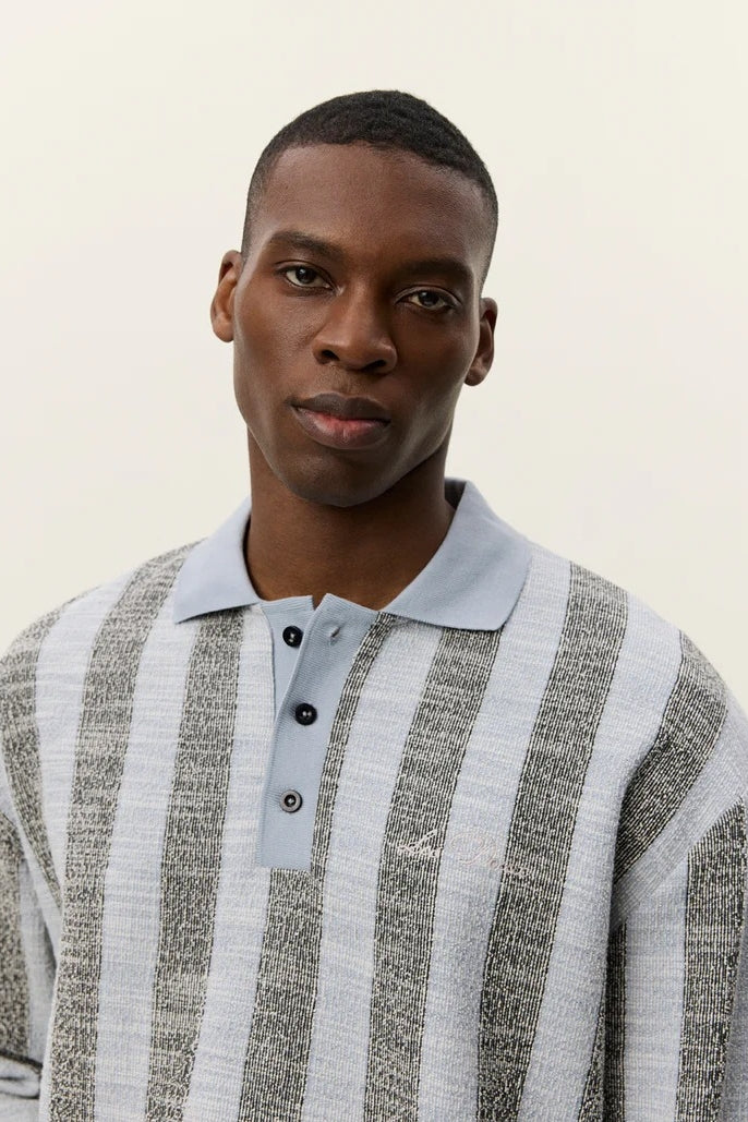 Wholesale,Les Deux, Les Deux Blue with Black Striped Jacquard Jersey Textured Knit Polo, Blue, Medium-48-TagM