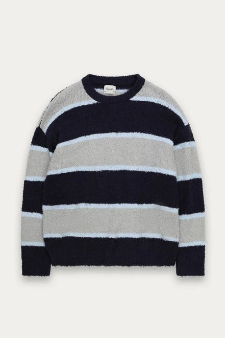 Wholesale,Kuwalla, Kuwalla Navy/Grey Stripe Shaggy Knit Crewneck Sweater, Blue, Small-45-TagSMedium-47-TagMExtra Extra Large-53-TagXXL