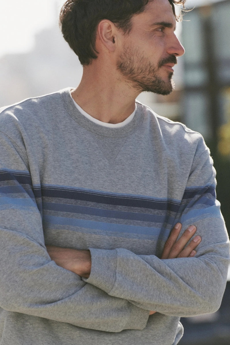 Wholesale,Marine Layer, Marine Layer Heather Grey/Blue Stripe Fleece Relaxed Sweatshirt, Grey, Small-42-TagSMedium-44-TagMLarge-48-TagLExtra Large-52-TagXL