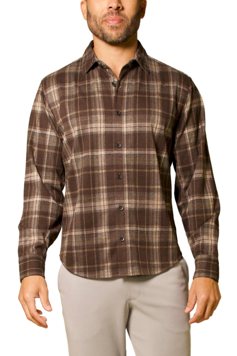 Wholesale,Fundamental Coast, Fundamental Coast Dark Brown Plaid Brushed Knit Flannel Shirt, Brown, Medium-44-TagM