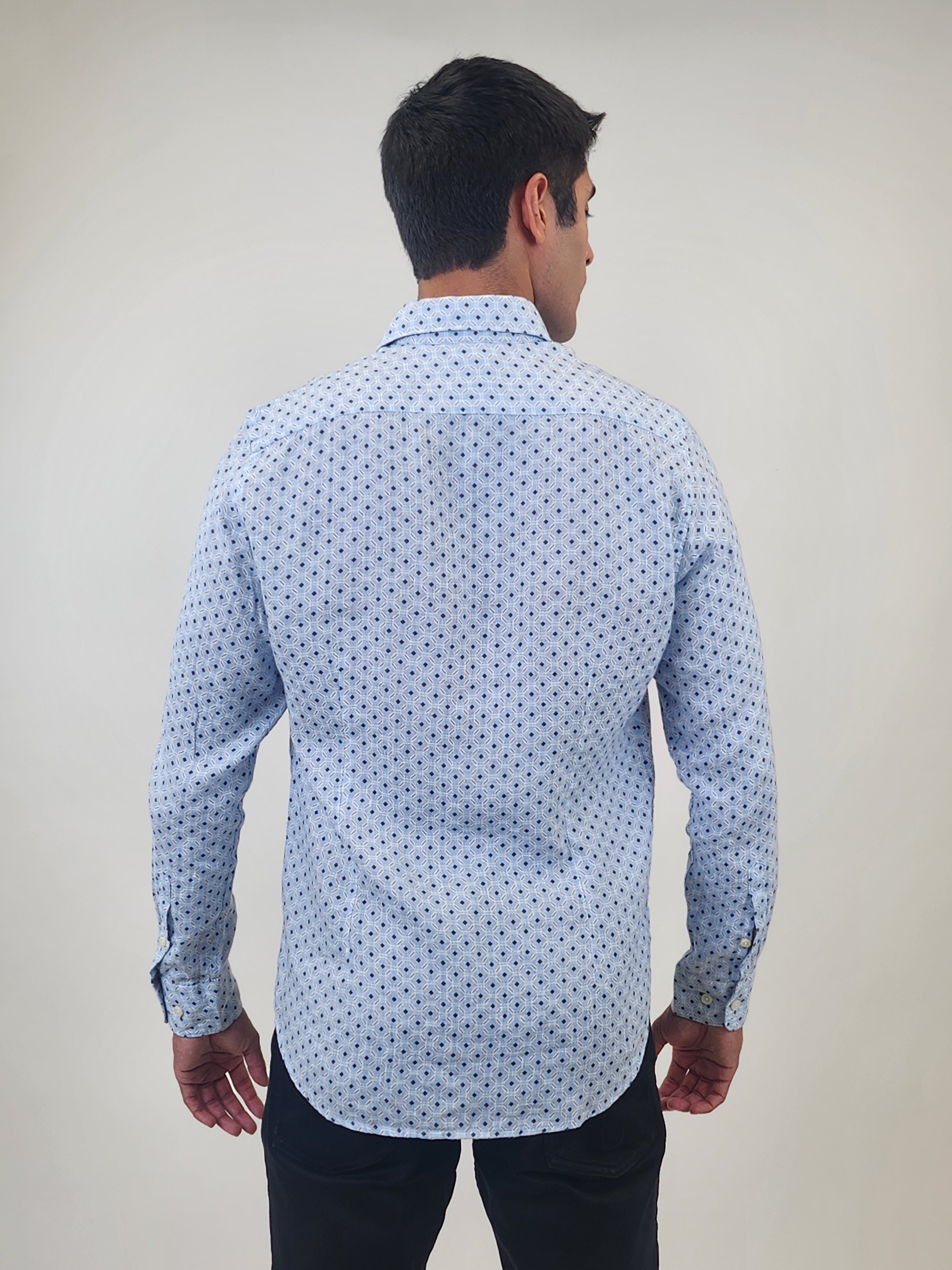 Brand Partner,R2 Amsterdam, R2 Amsterdam Light Blue Geo Print Long Sleeve Linen Shirt, Blue, Medium-44-TagM
