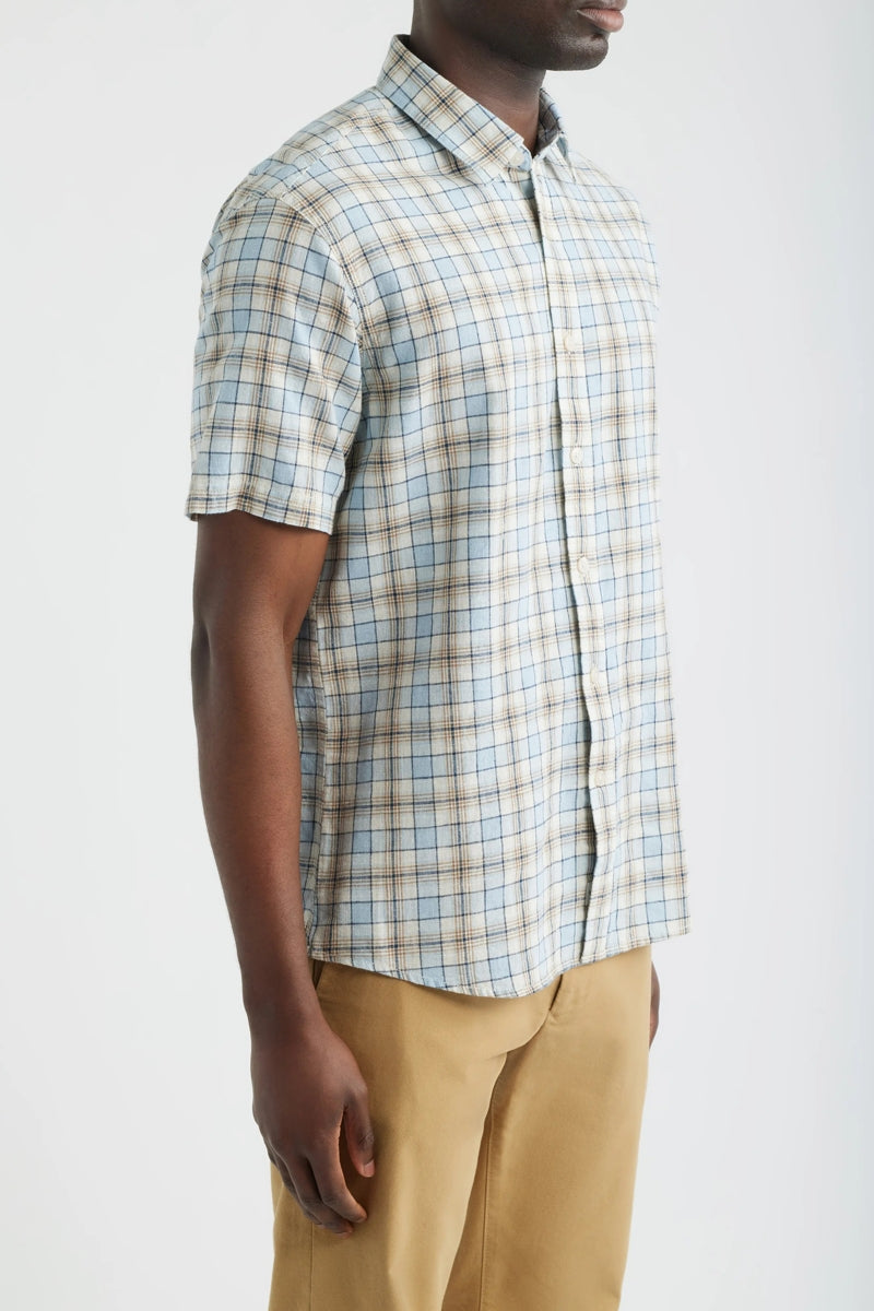 Wholesale,James Campbell, James Campbell Sky/Tan Plaid Cotton/Linen Blend Shirt, Blue, Small-42-TagSMedium-44-TagMLarge-46-TagLExtra Large-50-TagXL