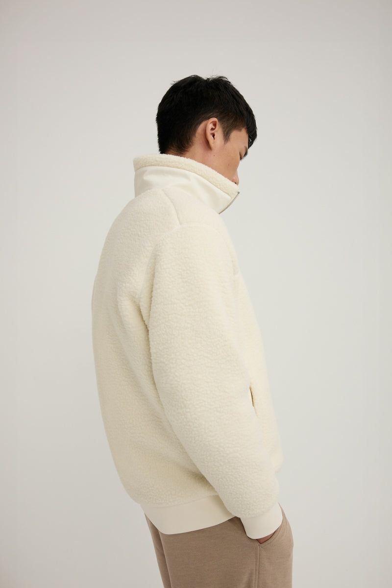 Direct From Brand,FYNE, FYNE Off-White Fuzzy Stand Collar Fleece Jacket, White, Large-48-TagL