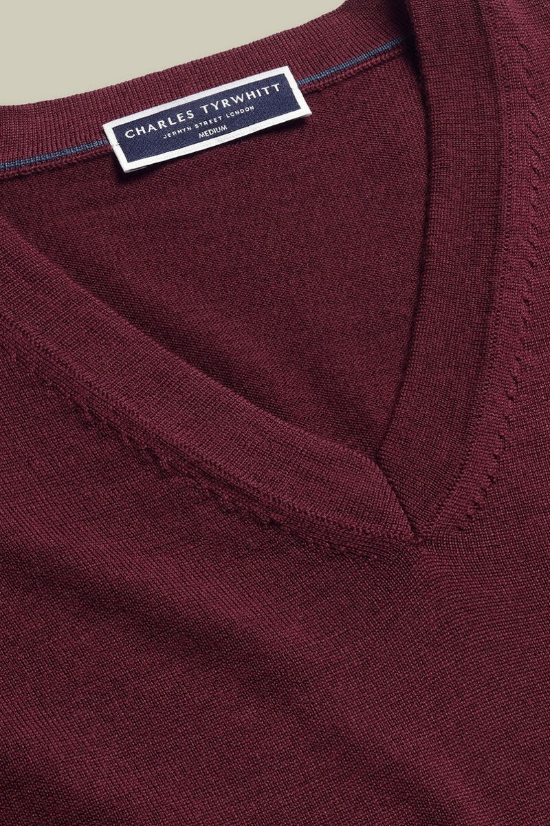 Wholesale,Charles Tyrwhitt, Charles Tyrwhitt Burgundy Pure Merino Wool V-Neck Sweater, Red, Large-45-TagL