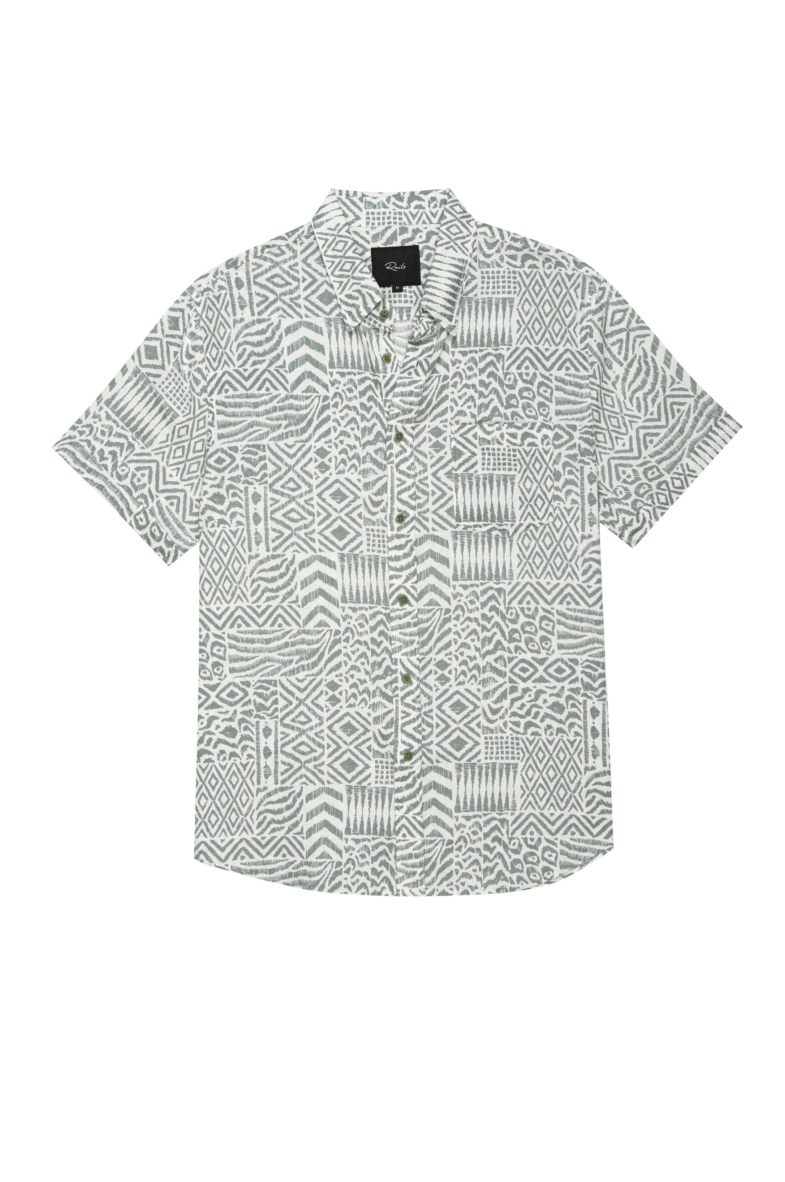 Wholesale,Rails, Rails Green Tribal Print Short Sleeve Shirt, Green, Large-46-TagLMedium-44-TagMExtra Large-49-TagXLExtra Extra Large-52-TagXXLSmall-42-TagS