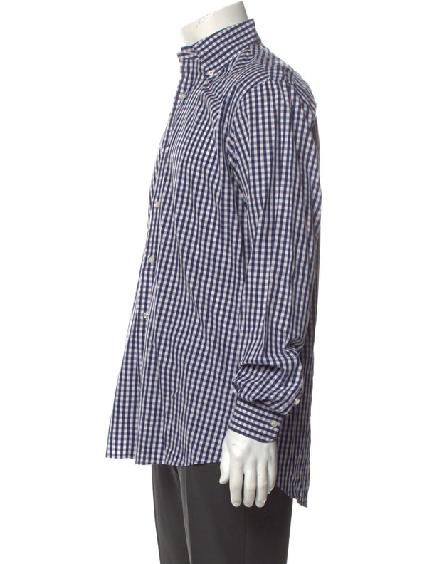 Bergdorf Goodman Navy/White Plaid Print Long Sleeve Dress Shirt with One-Button Rounded Cuffs