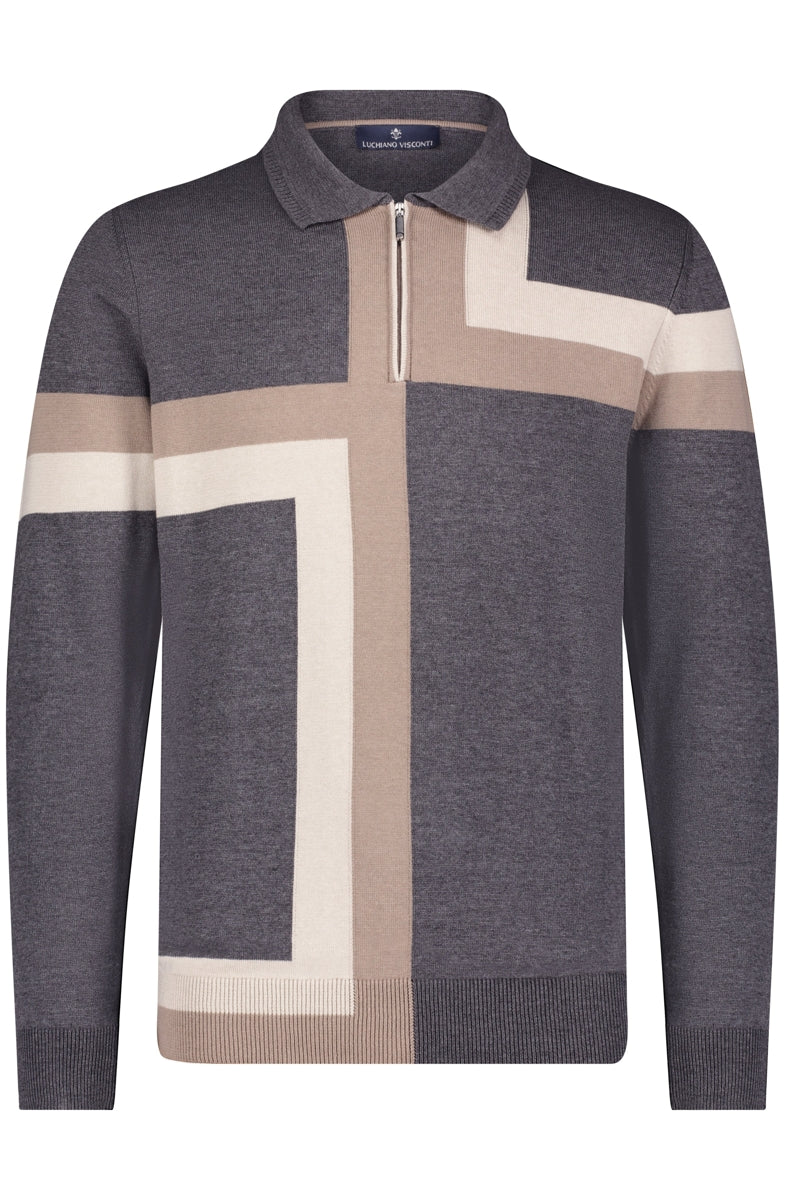 Wholesale,Luchiano Visconti, Luchiano Visconti Charcoal Intersia Geometric Color Block Zip Polo, Grey, Medium-42-TagMLarge-44-TagLExtra Large-46-TagXLSmall-40-TagSExtra Extra Large-48-TagXXL