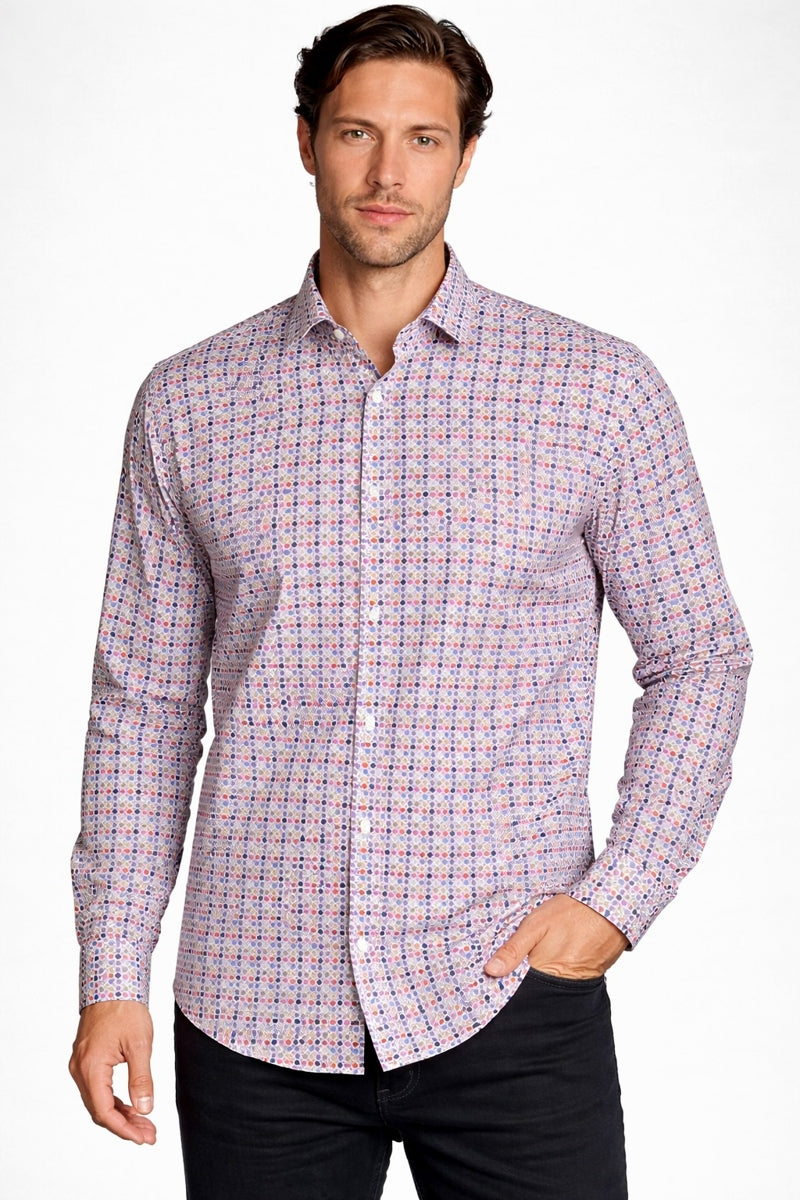 Wholesale,Mizumi, Mizumi Red/Blue Multi Geo Polka Print Shirt, Red, Small-41-TagSLarge-45-TagLExtra Large-47-TagXLExtra Extra Large-50-TagXXLMedium-43-TagM