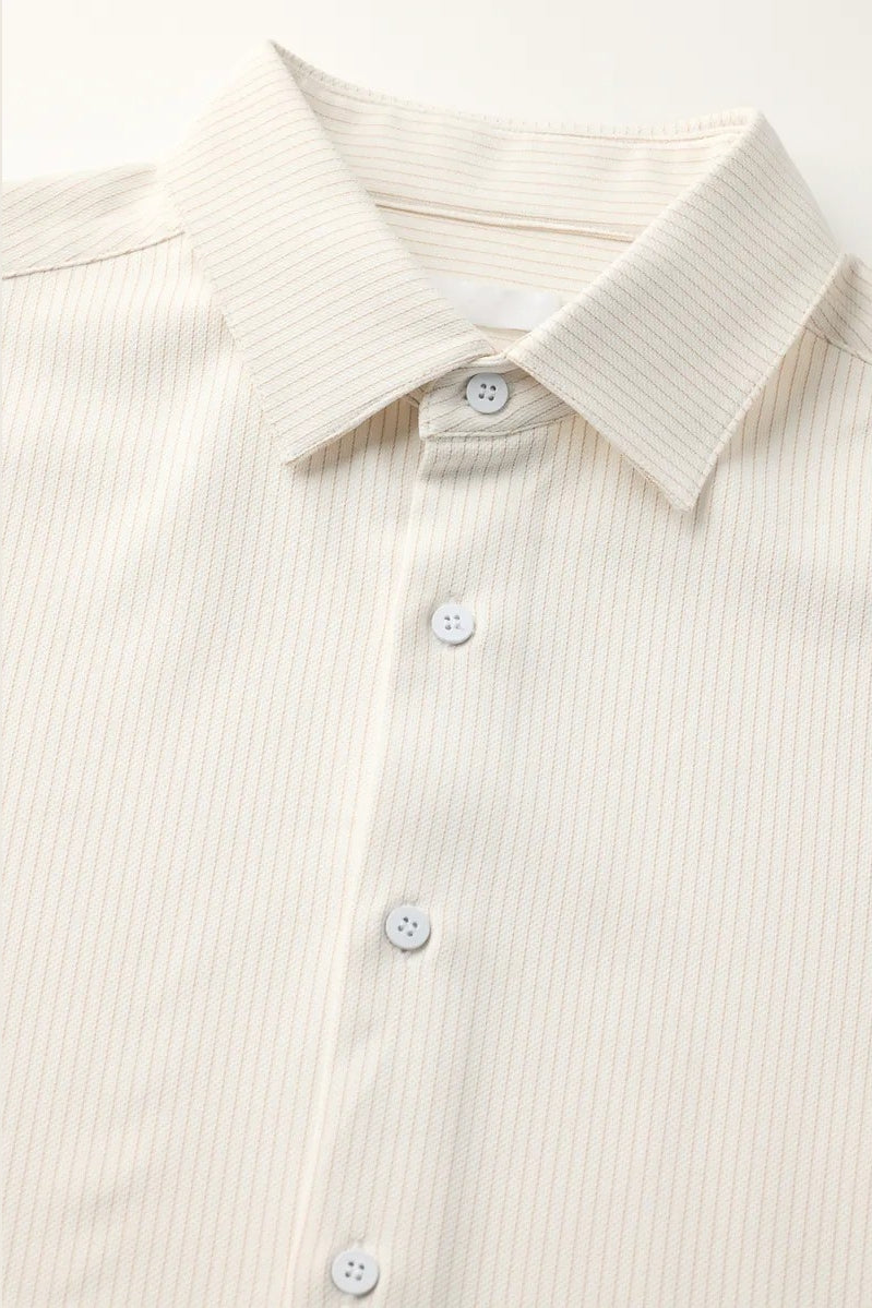 Direct From Brand,FYNE, FYNE Beige/Tan Striped Four-way Stretch Shirt, Cream, Small-43-TagS