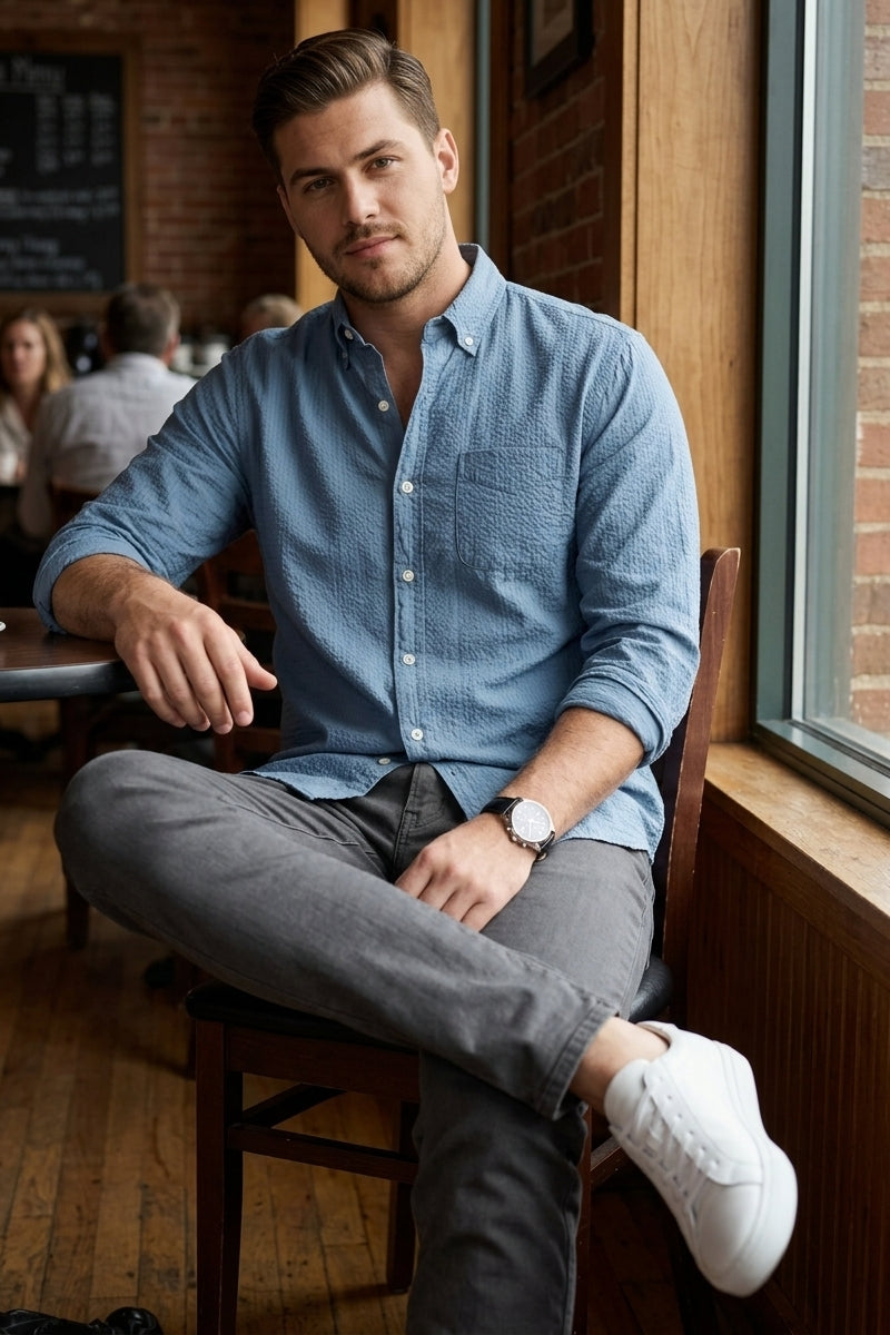 Wholesale,Bonobos, Bonobos Blue Shadow Dyed Seersucker Slim Fit Shirt, Blue, Large-45-TagL
