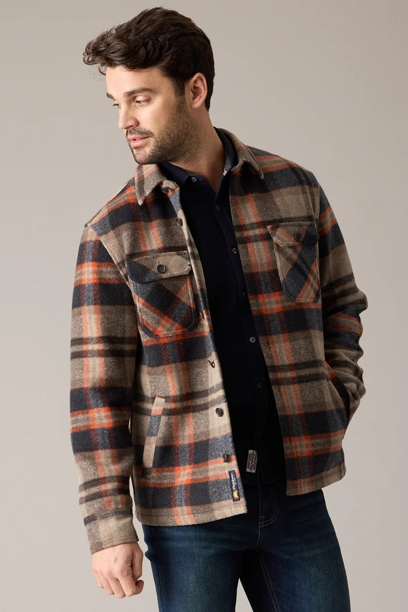 Wholesale,Flag & Anthem, Flag & Anthem Oatmeal/Navy Brushed Plaid Shacket, Tan, Extra Extra Large-58-TagXXL