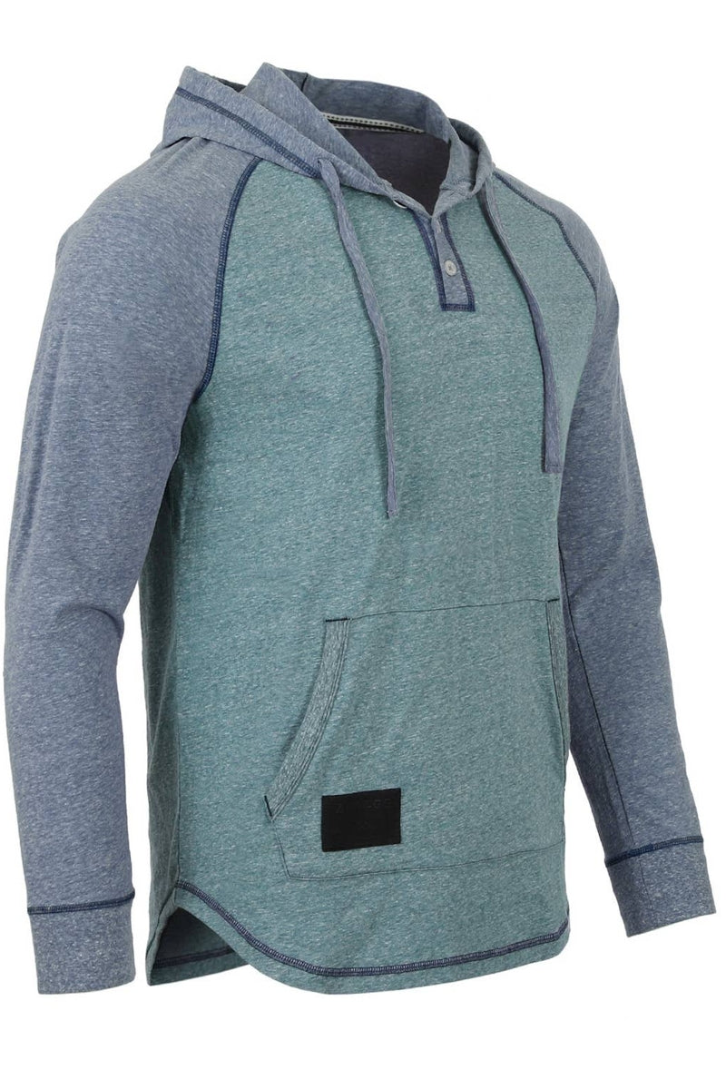 Faire,Zimego, Zimego Pastel Green/Grey Heathered Raglan Henley Hoodie, Green, Medium-41-TagMLarge-44-TagLExtra Extra Large-51-TagXXLExtra Large-48-TagXL