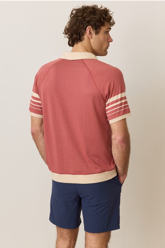 Wholesale,Marine Layer, Marine Layer Brick with Tan Contrast Varsity Rib Polo, Red, Small-40-TagSMedium-42-TagMLarge-45-TagLExtra Large-48-TagXLExtra Extra Large-50-TagXXL