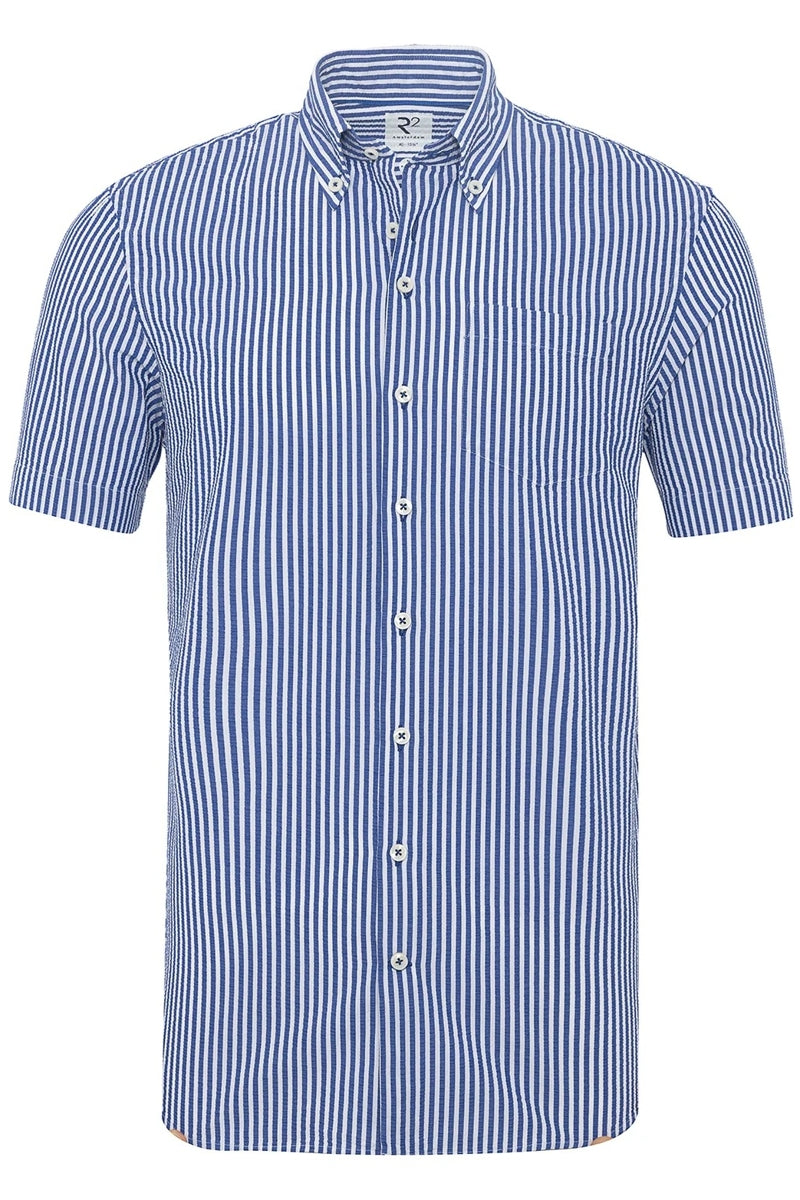Direct From Brand,R2 Amsterdam, R2 Amsterdam Blue/White Striped Seersucker Shirt, Blue, Medium-44-Tag41Large-46-Tag42Medium-42-Tag39