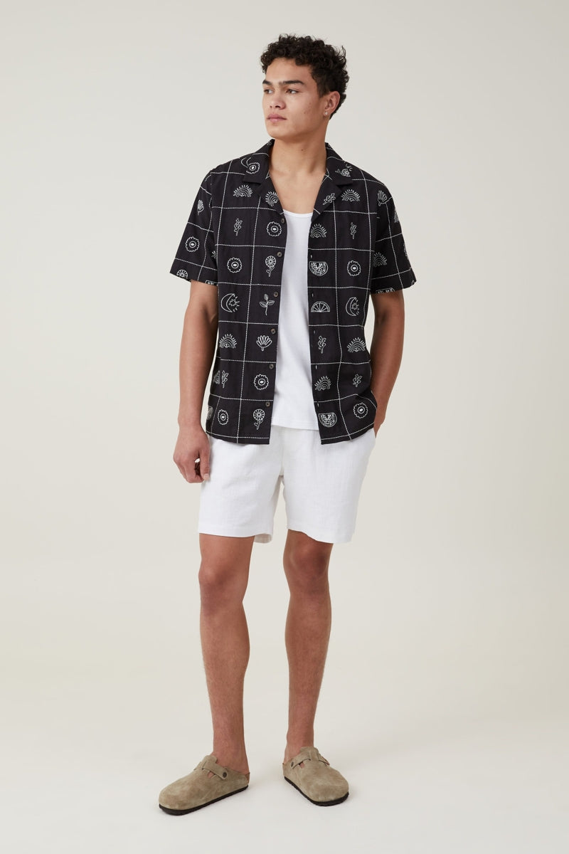 Other,Cotton On, Cotton On Black Grid Embroidered Short Sleeve Shirt, Black, Medium-44-TagM