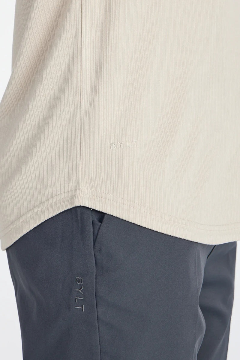 Wholesale,BYLT, BYLT Latte Ribbed Drop-cut Open V Long Sleeve Polo, Tan, Medium-42-TagM