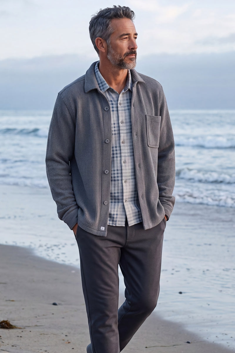 Wholesale,Fundamental Coast, Fundamental Coast Grey Waffle Textured Overshirt, Grey, Medium-43-TagMLarge-45-TagLSmall-41-TagSExtra Large-47-TagXL