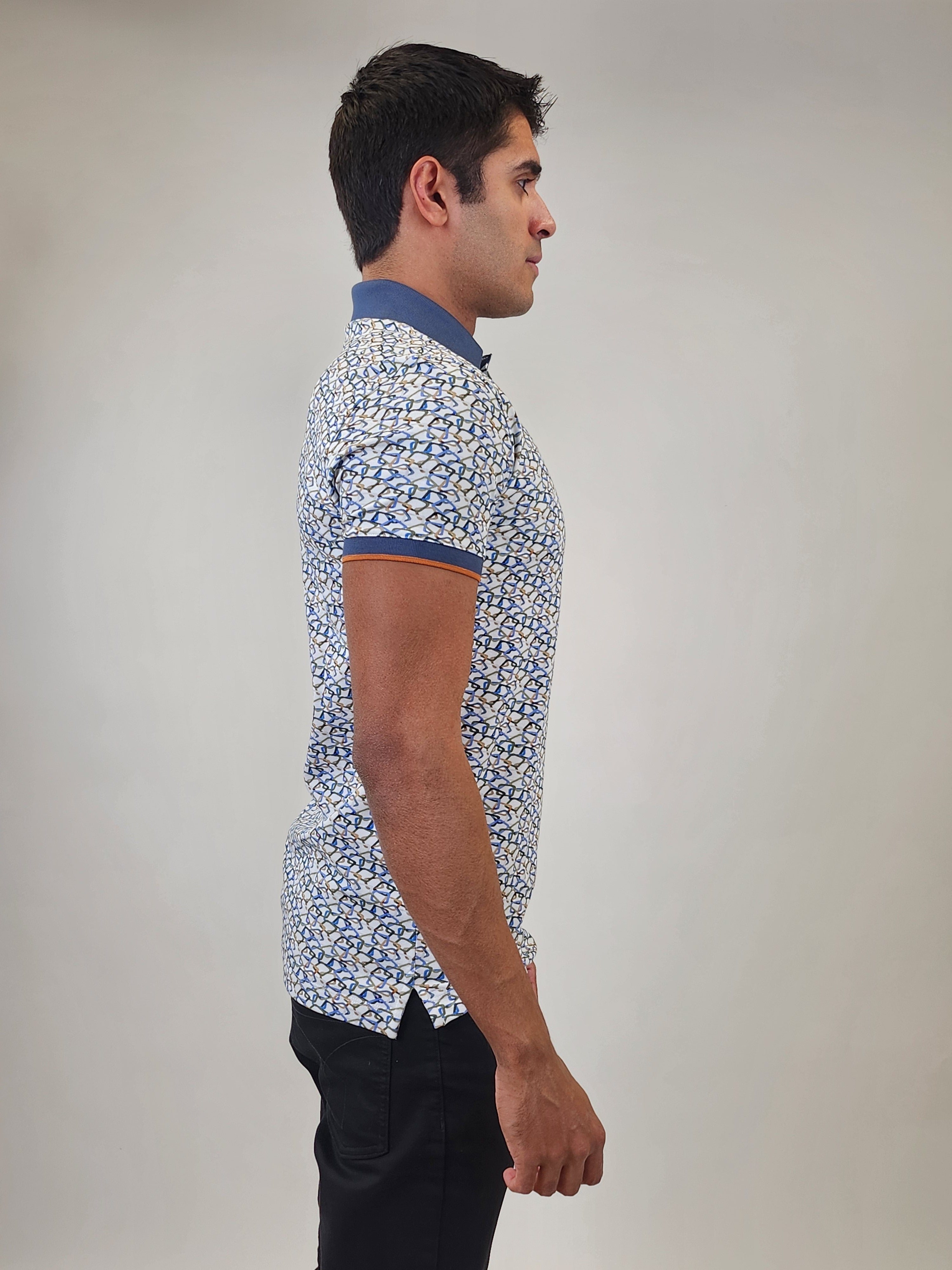 Brand Partner,R2 Amsterdam, R2 Amsterdam White/Blue Chain Print Pique Polo, White, Medium-40-TagM