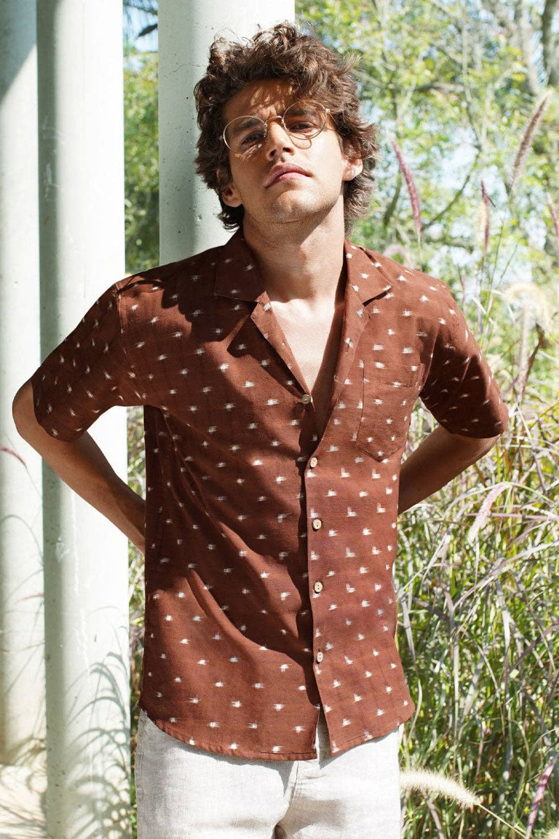 Faire,Pali, Pali Brown Wood Chips Cuban Collar Handwoven Ikat Shirt, Brown, Large-44-TagLMedium-42-TagM