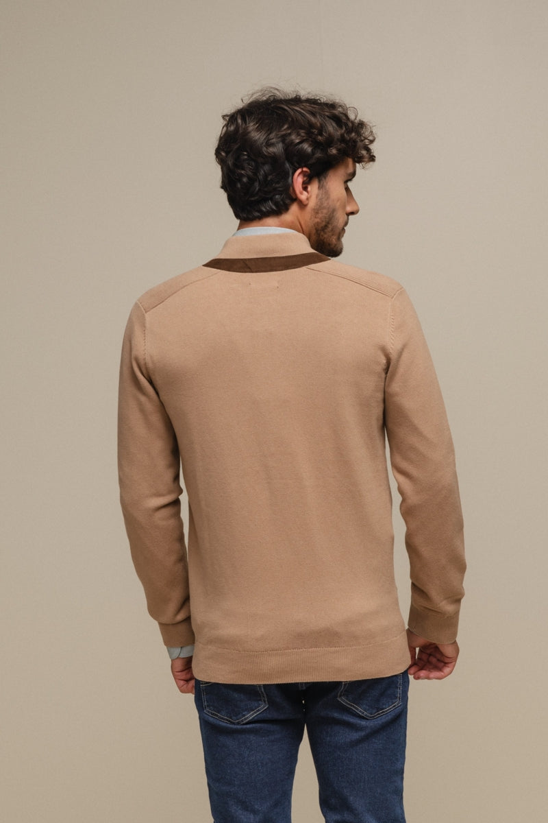 Faire,SMF, SMF Tan with Brown Contrast Knit Mockneck Full Zip Cardigan, Tan, Large-42-TagL